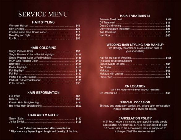 Printable Hair Salon Price List Template Free Printable Templates