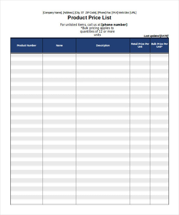 free product price list in excel format download