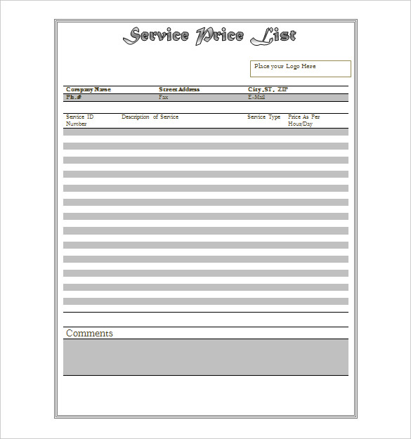 Price list on excel