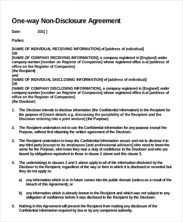 one way non disclosure agreement template