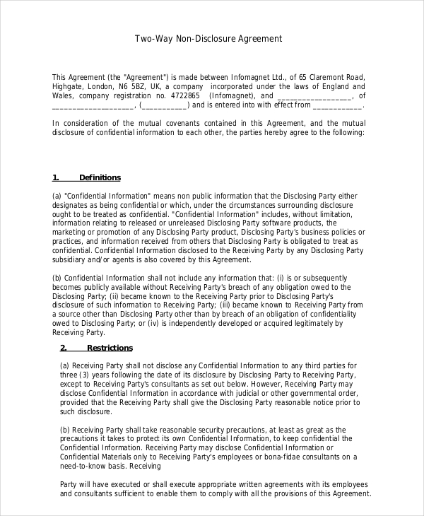 two way non disclosure agreement template