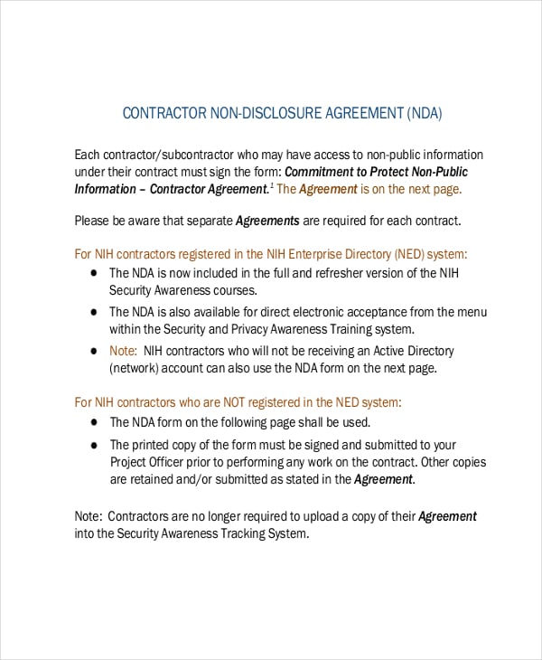 contractor non disclosure agreement template