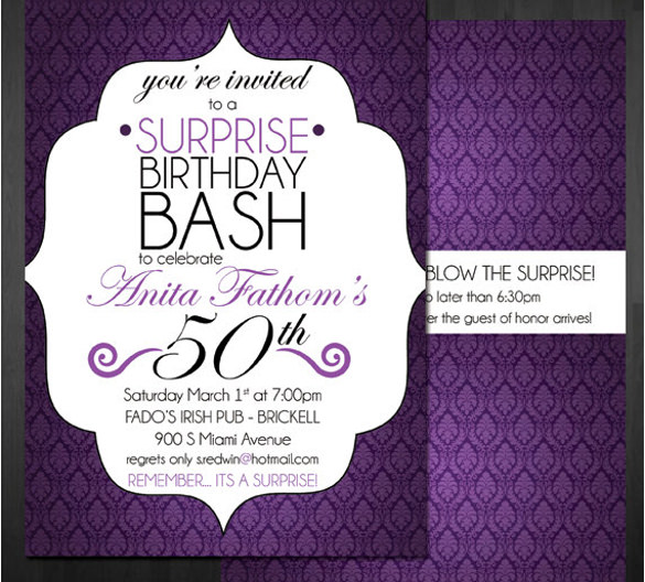 download black and purple surprise birthday invitation template