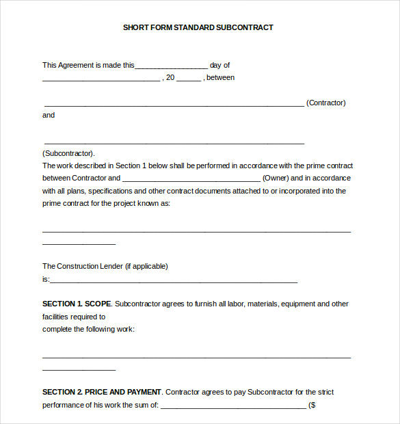 short form subcontract agreement