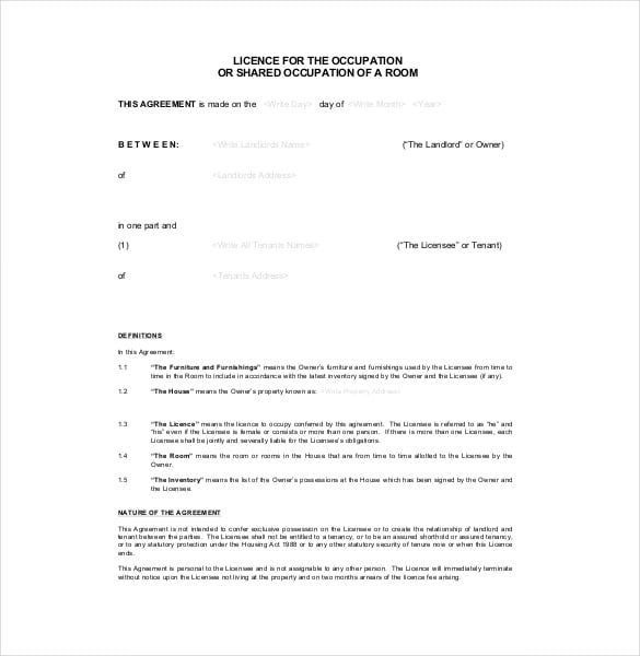 Excluded Licence Lodger Agreement Template