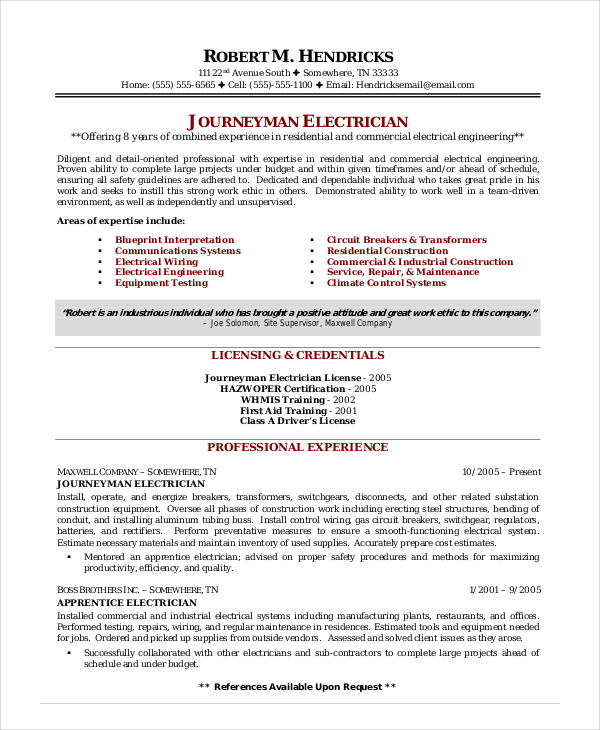 Electrician Resume Template 12+ Word, Excel, PDF Documents Download