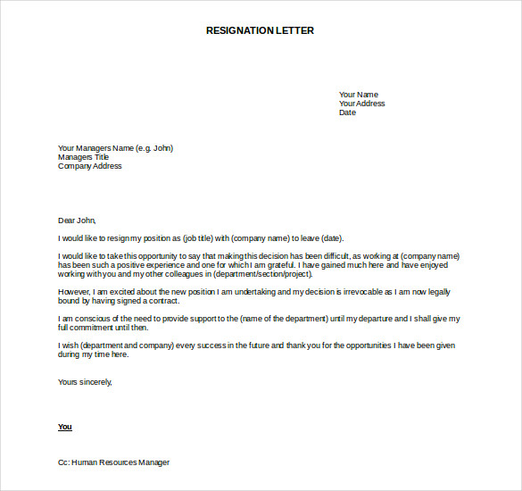 Resignation letter template   download free sample