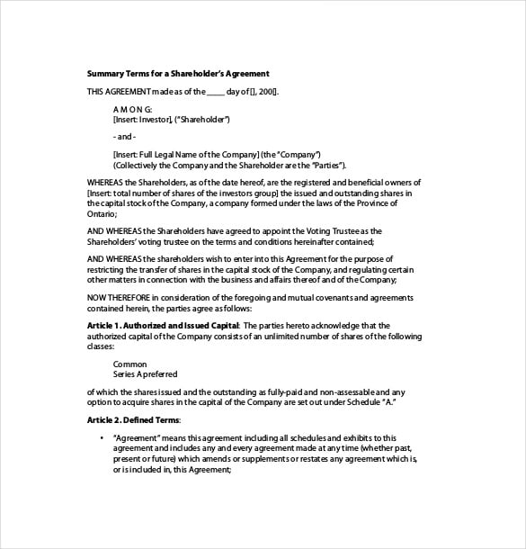 summary terms for shareholders agreement template