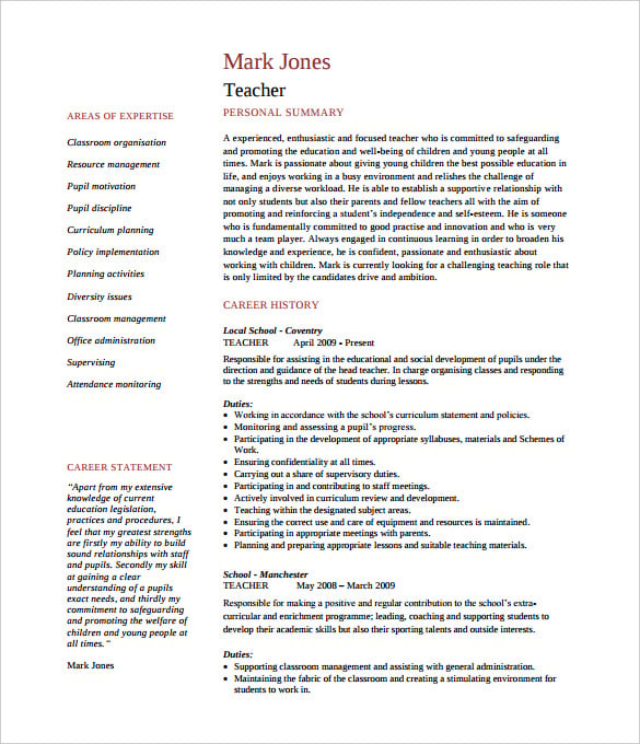 resume template word teacher