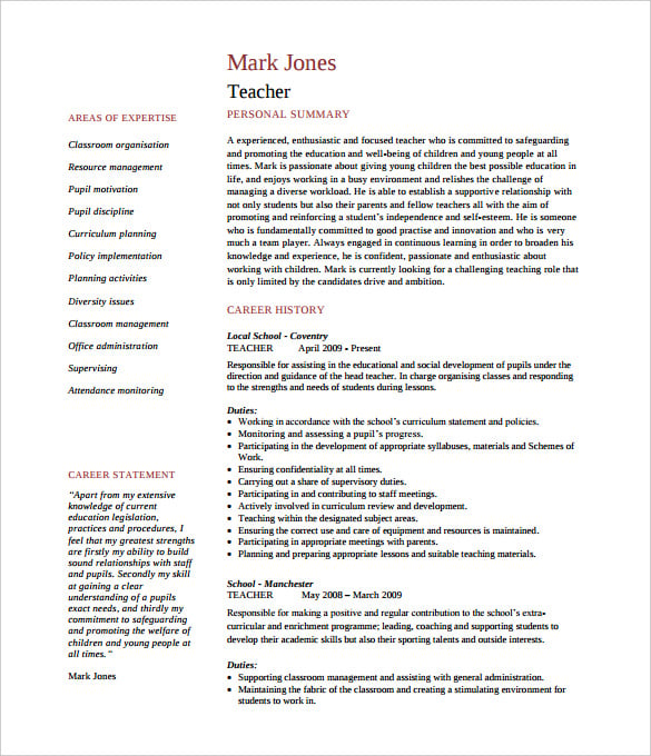 teacher resume template doc