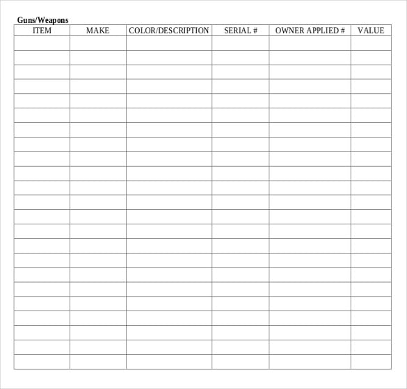 home inventory spreadsheet pdf download