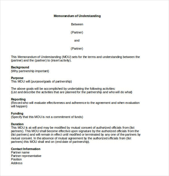 memorandum of understanding agreement template