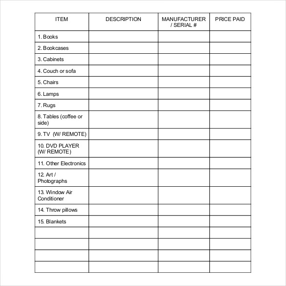 Home Inventory List Templates 10 Free Word Excel PDF Formats