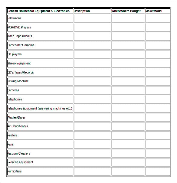 general household equipment and electronics inventory document free download