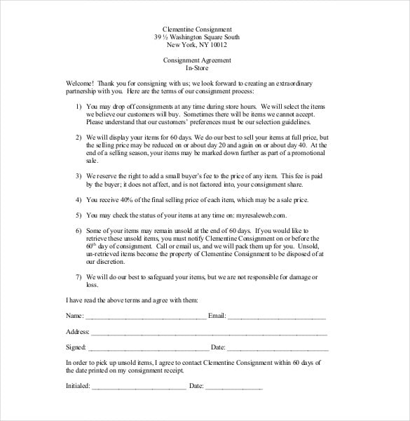 consignment agreement in store template