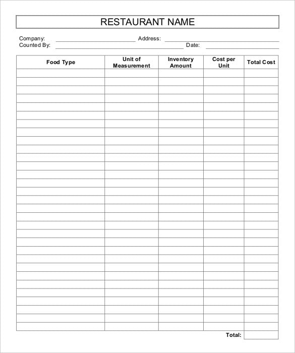 Restaurant Inventory List ~ Excel Templates