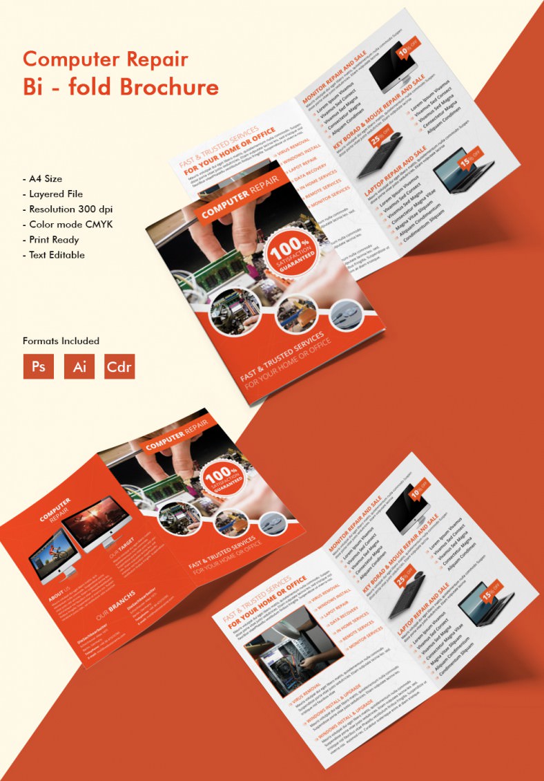 3 Dazzling Computer Repair A4 Bi Fold Brochure Templates 