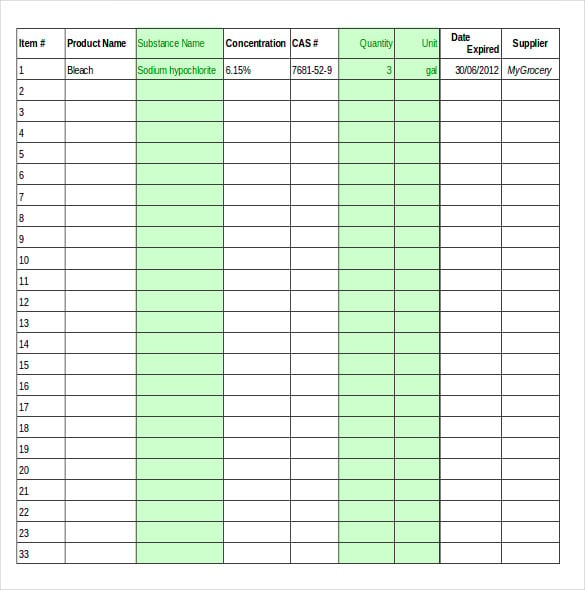 chemical supply inventory template download xls