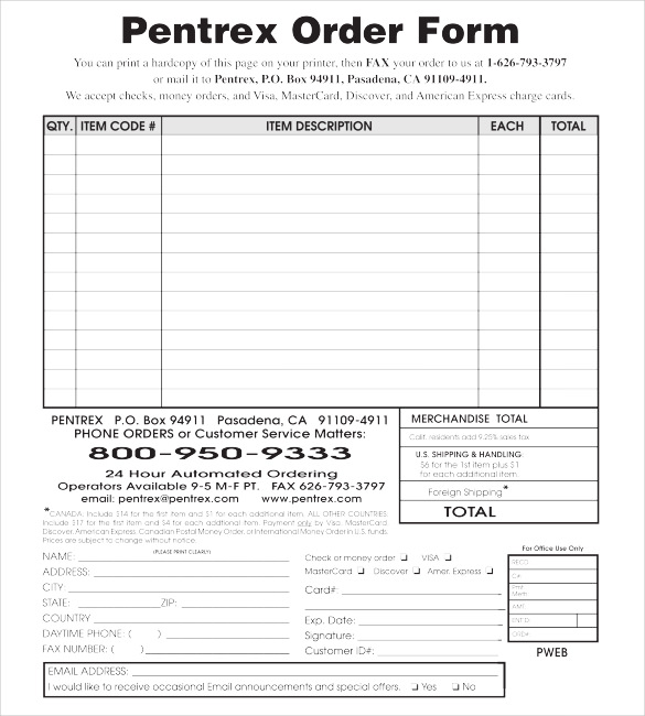 printable order form template