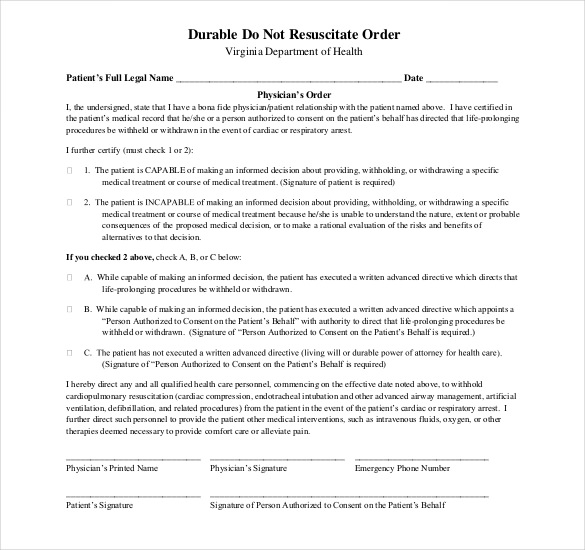 do not resuscitate order form