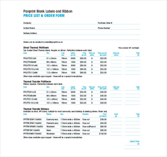 thermal label blank order form