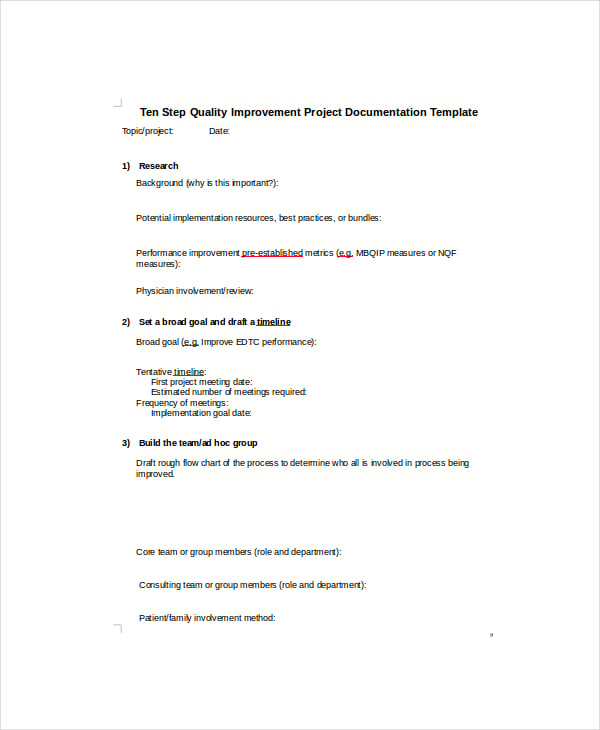 quality improvement project documentation template