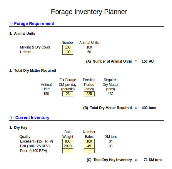 dairy forage inventory control template in excel format