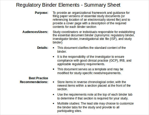 regulatory binder elements free download doc format