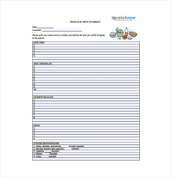potluck sign up sheet example template free download