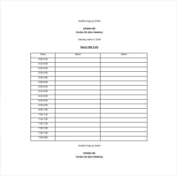 audition sign up sheet word format free download