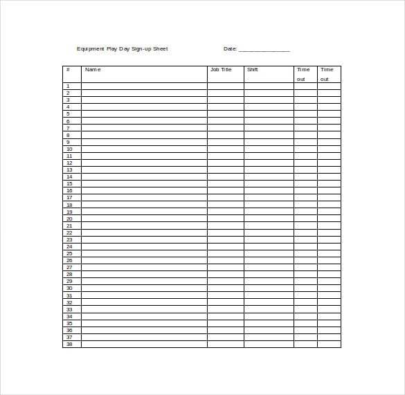 equipment sign up sheet example template free download