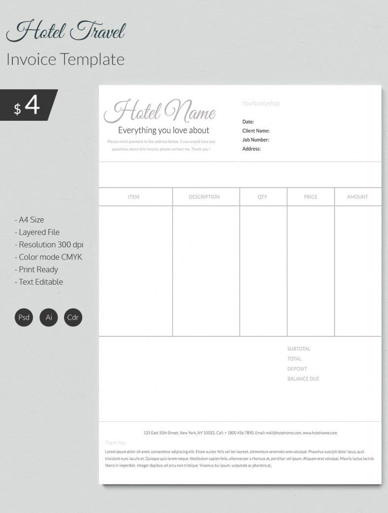 Glossy Hotel & Travel A4 Invoice Template Free & Premium Templates