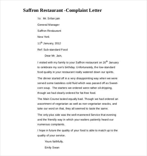 restaurant complaint letter