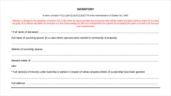 estate administration inventory pdf template