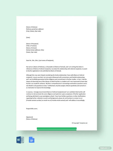 family reference letter for school application template