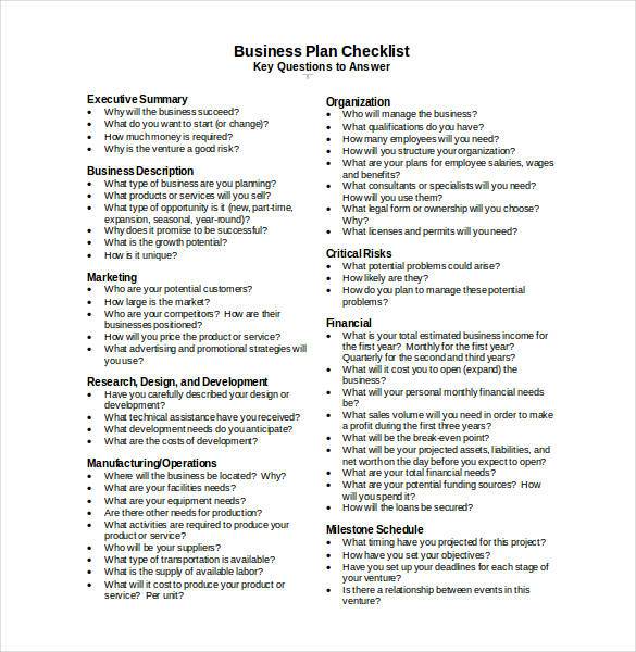 free business plan checklist template download