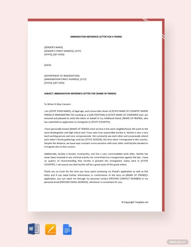 immigration reference letter for a friend template