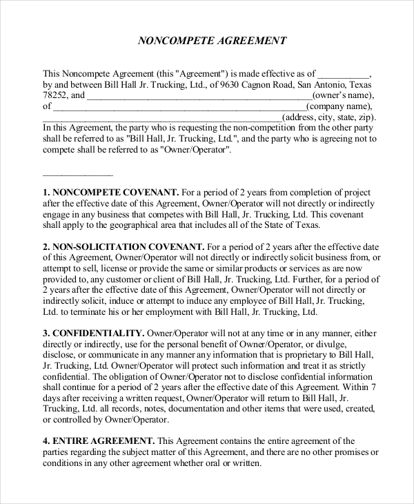 non compete agreement form