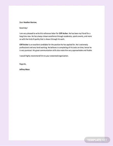reference letter for friend template