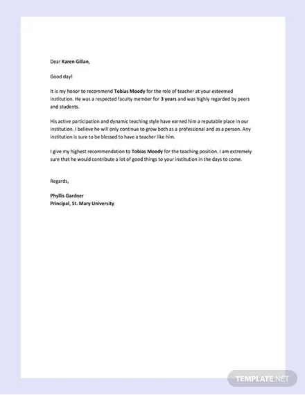 reference letter for a teacher template