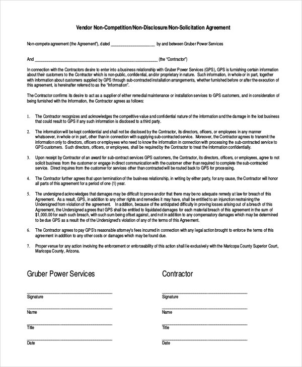 10  Vendor Non Compete Agreement Templates Free Sample Example Format