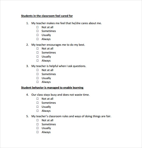student survey questions sample template