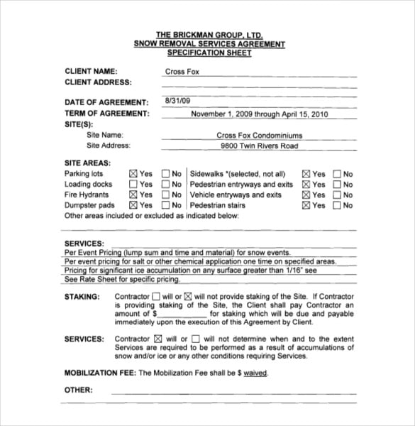 commercial snow plow contract template