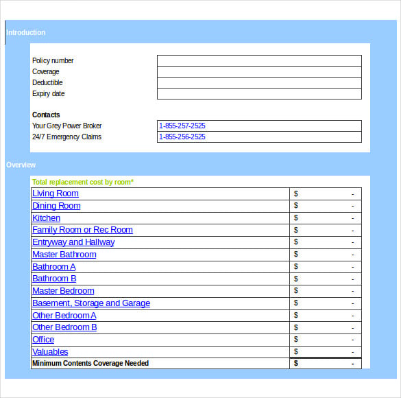 sample home inventory calculator template download