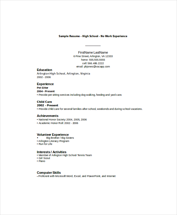 resume templates for high school students