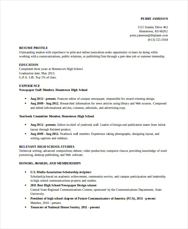 sample high school student academic resume