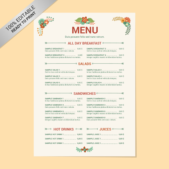 free menu templates download for word