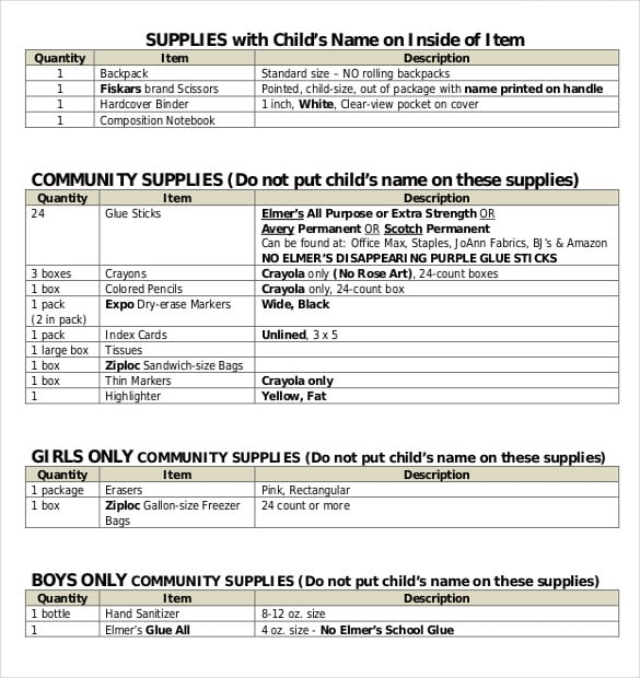 supply list inventory template pdf