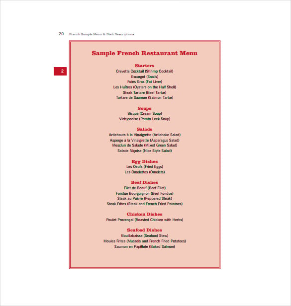 af french menu free pdf template download