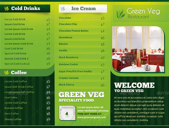 green veg restaurant tri fold menu card template download